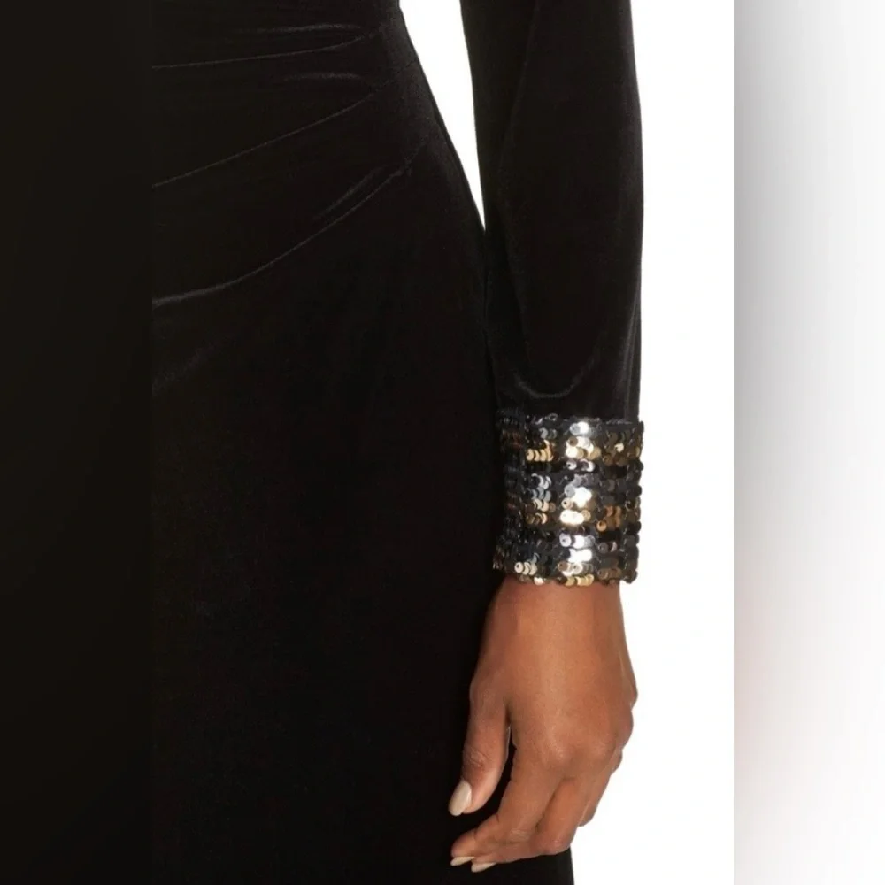 Vince Camuto Velvet Sequin Cuff Long Sleeve Gown